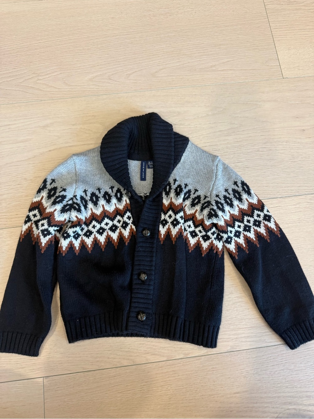 Janie and Jack Navy Fair Isle Shawl Black Collar Cardigan | 18-24 months